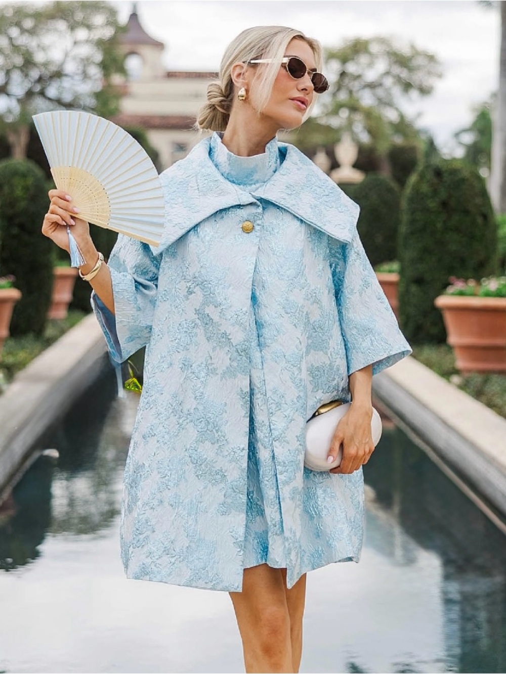 Light Blue Floral Jacquard Mini Dress with Car Coat